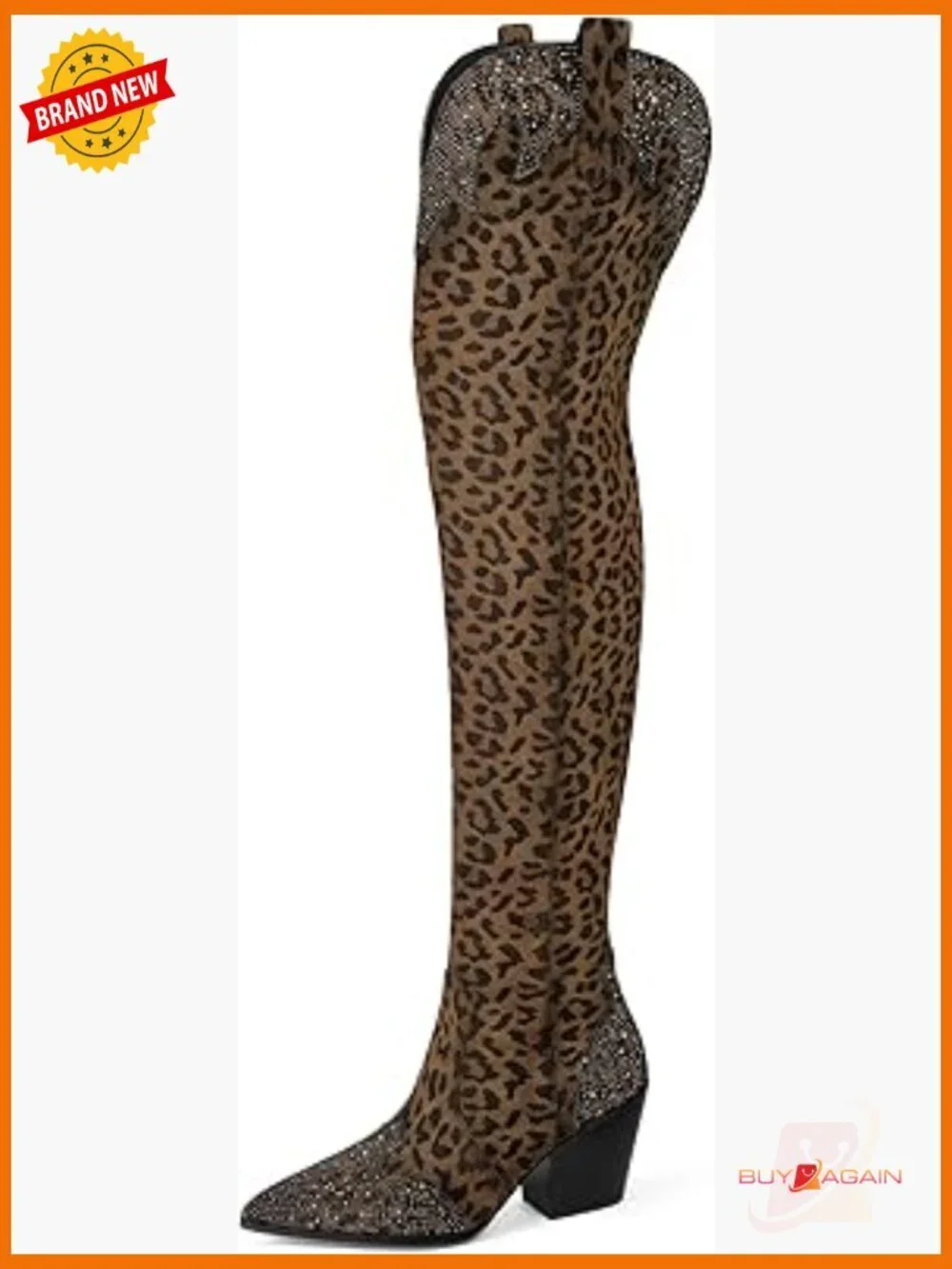 Thigh High Cowboy Boots with Rhinestones, Chunky Heel, Pointed Toe